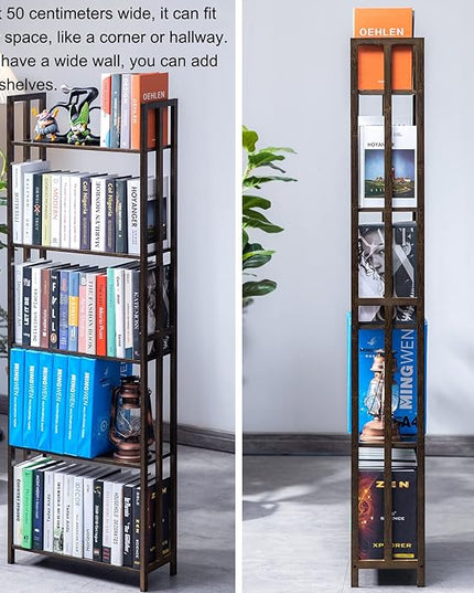 COPREE 5 Tier Bookshelf, Bamboo Space-Saving Tall Book Shelves,Walnut-Colored Freestanding Narrow Book Rack Organizer Shelving Unit Storage for Small Space, Living Room, Bedroom and Office - LeafyLoom