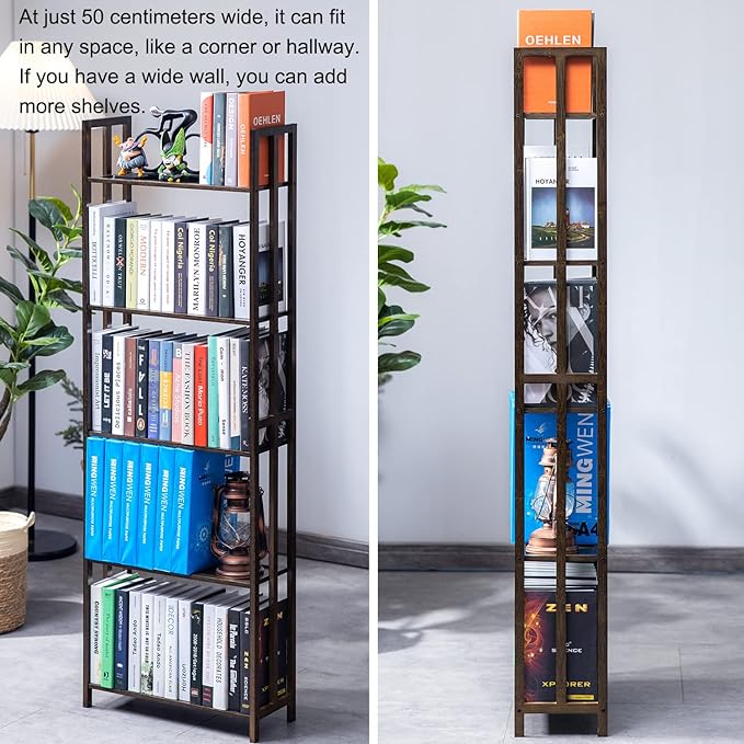COPREE 5 Tier Bookshelf, Bamboo Space-Saving Tall Book Shelves,Walnut-Colored Freestanding Narrow Book Rack Organizer Shelving Unit Storage for Small Space, Living Room, Bedroom and Office - LeafyLoom