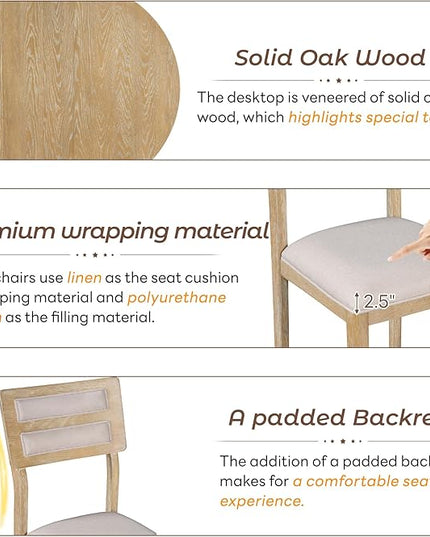 Multifunctional Farmhouse Extendable Round, 2 Small Drawers and 4 Upholstered Chairs, Room, Kitchen, 5 Piece Dining Table Set, Natural Wood Wash 15 - LeafyLoom