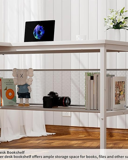 L Shaped Desk, 55 Inch Reversible Computer Desk with Magic Power Outlet and Cool LED Light, Sturdy Corner Office Desk with Ergonomic Monitor Stand, Gaming Table, Attractive Grid Design, White - LeafyLoom