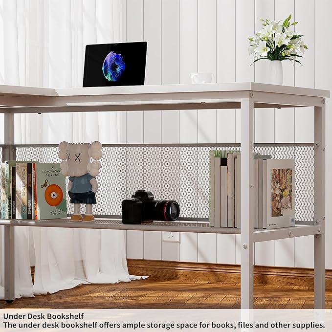 L Shaped Desk, 55 Inch Reversible Computer Desk with Magic Power Outlet and Cool LED Light, Sturdy Corner Office Desk with Ergonomic Monitor Stand, Gaming Table, Attractive Grid Design, White - LeafyLoom