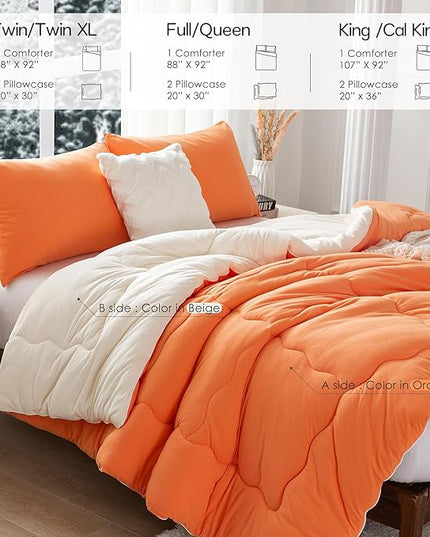 COTTEBED Warm Reversible Ultra-Soft Burnt Orange and Beige Comforter Set Queen, Breathable Fluffy Bedding Down Comforters Sets &2 Pillowshams for Women Girls Winter, Full/Queen Size Bed - LeafyLoom