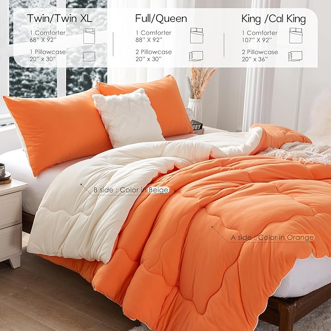 COTTEBED Warm Reversible Softness Burnt Orange and Beige King Size Comforter Sets Clearance, California King Soft Fully Breathable Bedding Down Comforter and Pillowsham for Women Winter King/Cal King - LeafyLoom