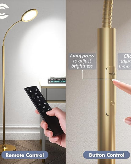 Gold Floor Lamp,Super Bright Dimmable LED Floor Lamps for Living Room, Custom Color Temperature Standing Lamp with Remote Push Button, Adjustable Gooseneck Reading Floor Lamp for Bedroom Office - LeafyLoom