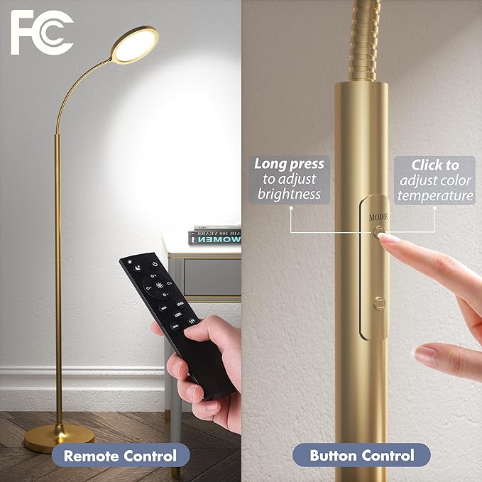 Gold Floor Lamp,Super Bright Dimmable LED Floor Lamps for Living Room, Custom Color Temperature Standing Lamp with Remote Push Button, Adjustable Gooseneck Reading Floor Lamp for Bedroom Office - LeafyLoom
