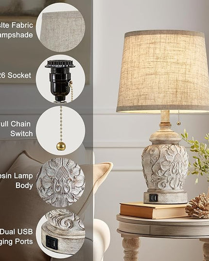 19.5" Vintage Rustic Table Lamp Set of 2 Farmhouse Table Lamps for Living Room Bedroom Decor with USB Ports Traditional Carved Floral White Bedside Night Light Lamps with Pull Chain Switch - LeafyLoom
