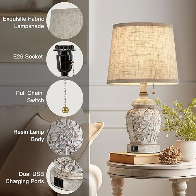 19.5" Vintage Rustic Table Lamp Set of 2 Farmhouse Table Lamps for Living Room Bedroom Decor with USB Ports Traditional Carved Floral White Bedside Night Light Lamps with Pull Chain Switch - LeafyLoom