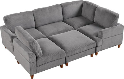 6 Seater Oversized Modular Sectional Sofa Convertible Sleeper Couch Bed with Movable Ottomans and Solid Wood Legs, Free Combination Corduroy Upholstered Lounge Sofabed for Living Room Office - LeafyLoom