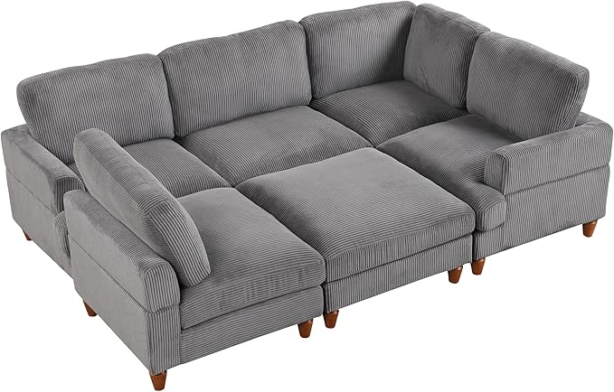 6 Seater Oversized Modular Sectional Sofa Convertible Sleeper Couch Bed with Movable Ottomans and Solid Wood Legs, Free Combination Corduroy Upholstered Lounge Sofabed for Living Room Office - LeafyLoom