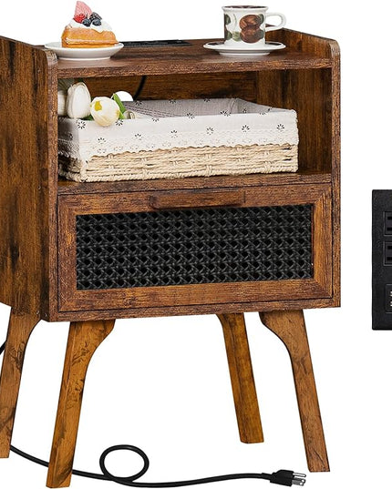 Lerliuo Rattan Nightstands Set of 2 with Charging Station, Boho Side Table with Drawer Open Shelf, Cane Accent Bedside End Table with Solid Wood Legs for Bedroom, Dorm and Small Spaces (Brown) - LeafyLoom