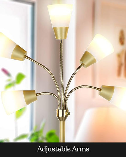 Brightech Medusa Modern LED Floor Lamp – Multi Head Floor Lamp for Living Rooms & Offices – Tall Lamp with Interchangeable Shade, Standing Lamp with 5 LED Bulbs for Hobbies - Brass - LeafyLoom
