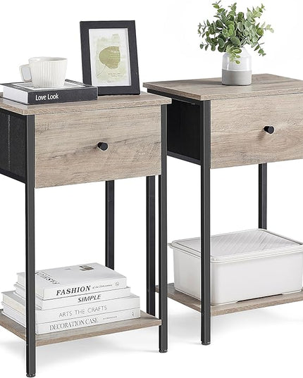 VASAGLE Nightstands, Set of 2, Side Table with Fabric Drawer, 24-Inch Tall End Table with Storage Shelf, Bedroom, Greige and Black ULGS221B02 - LeafyLoom