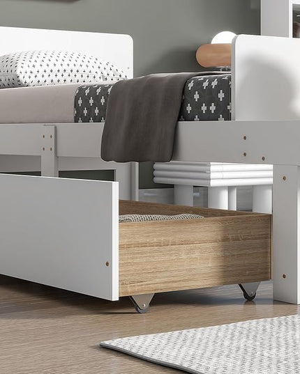 Dolonm Twin Bed Frames for Kids with 2 Drawers, Storage Platform Bed with Footboard Bench, Twin Kids Bed Headboard Frame Pine Wood, High Stable, No Box Spring Needed, Twin Bed for Kids, White - LeafyLoom