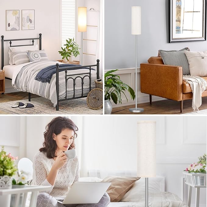 Ambimall Floor Lamp for Living Room - Pole Lamps for Bedrooms, Silver Standing Lamps with Beige Shade, 66'' Tall Lamp for Office, Minimalist Floor Lamp for Home Decor - LeafyLoom