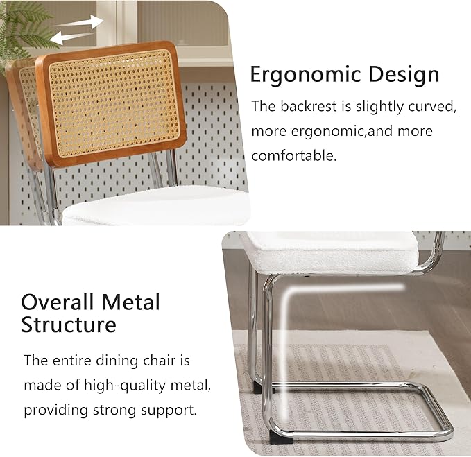Rattan Dining Chairs Set of 2, Mid Century Modern Sherpa Dining Room Kitchen Chairs with Cane Back, Metal Chrome Legs, Upholstered Wicker Armless Accent Chairs, White - LeafyLoom
