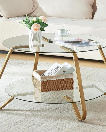 HOMBAZAAR Glass Coffee Table, Modern Coffee Table with Metal Frame and Tempered Glass Tabletop, 2-Tier Round Center Table for Living Room, Meeting Room, Gold - LeafyLoom