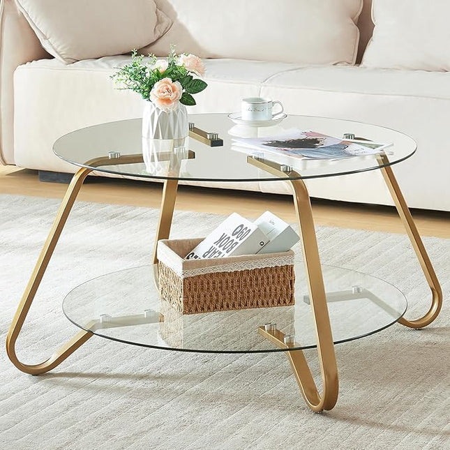 HOMBAZAAR Glass Coffee Table, Modern Coffee Table with Metal Frame and Tempered Glass Tabletop, 2-Tier Round Center Table for Living Room, Meeting Room, Gold - LeafyLoom