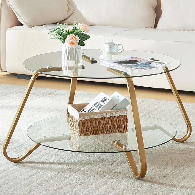 HOMBAZAAR Glass Coffee Table, Modern Coffee Table with Metal Frame and Tempered Glass Tabletop, 2-Tier Round Center Table for Living Room, Meeting Room, Gold - LeafyLoom