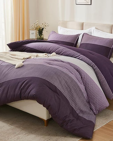 Litanika Purple Queen Comforter Set, 3 Pieces Striped Bedding Set, Lightweight Soft All Season Down Alternative Comforter Set (1 Gray&Purple Comforter, 2 Pillowcases) - LeafyLoom