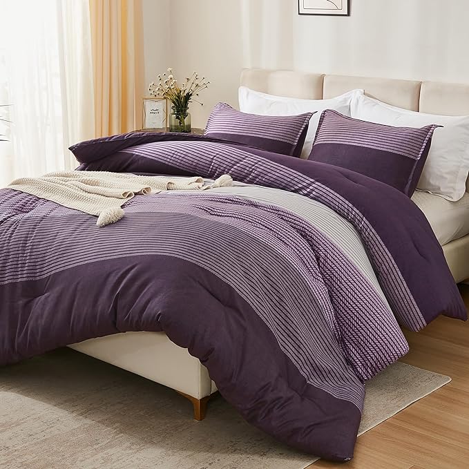 Litanika California King Comforter Set Purple - 3 Pieces Cal King Oversized Lightweight Purple White Colorblock Stripe Bedding Set (104x96In, 2 Pillowcases) - LeafyLoom
