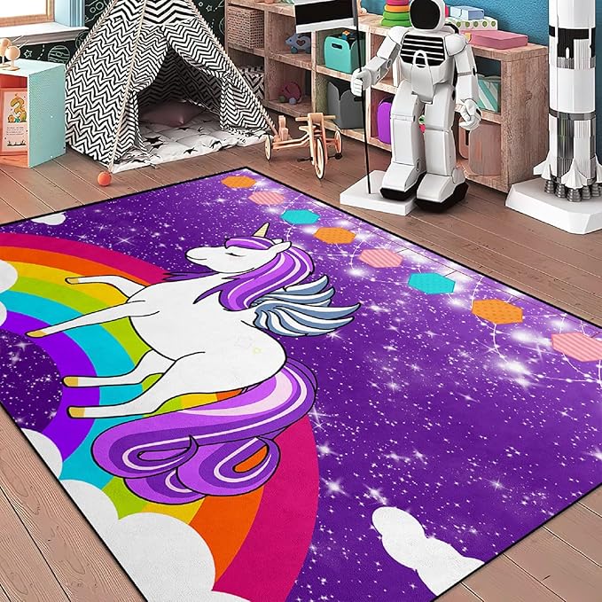 Unicorn Rugs for Girls Bedroom Cute Rainbow Unicorn Rugs for Girls Bedroom Floor Mat Pink Unicorn Rugs for Girls Bedroom, Purple, 2'6''×4' - LeafyLoom