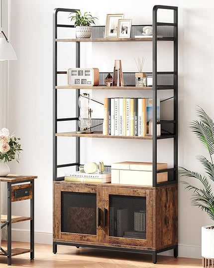 GAOMON Industrial Bookshelf with Doors 70.87" Tall Bookcase with 4 Tiers Open Storage Shelf Rustic Bookshelves Display Rack Cabinet Farmhouse Bookshelf for Bedroom, Living Room, Home Office, Brown - LeafyLoom