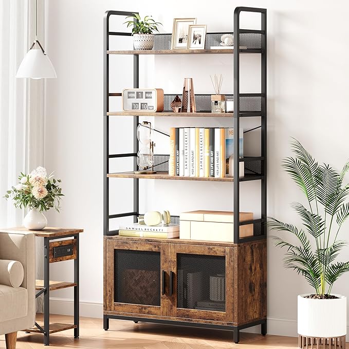 GAOMON Industrial Bookshelf with Doors 70.87" Tall Bookcase with 4 Tiers Open Storage Shelf Rustic Bookshelves Display Rack Cabinet Farmhouse Bookshelf for Bedroom, Living Room, Home Office, Brown - LeafyLoom