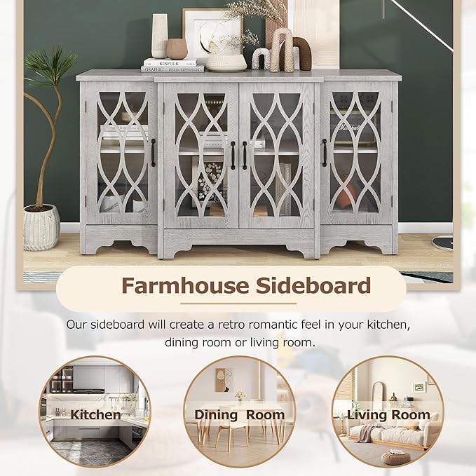 58" Retro Sideboard Glass Door with Curved Line Design,Wood Ample Storage Cabinet,W/Black Handle and Three Adjustable Shelves,for Dining Living Room Entryway,Antique White - LeafyLoom