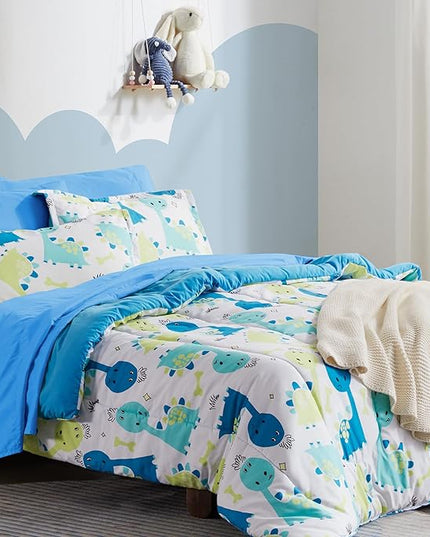 SLEEP ZONE Kids Twin Bedding Comforter Set - Super Cute & Soft Kids Bedding 5 Pieces Set with Comforter, Sheet, Pillowcase & Sham (Cute Dino) - LeafyLoom