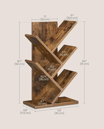 VASAGLE Tree Bookshelf, 5-Tier Bookcase, Small Bookshelf, Space-Saving Corner Shelf, Book Tree, Holds Books, CDs, Games, for Bedroom, Living Room, Home Office, Rustic Brown ULBC183X01 - LeafyLoom