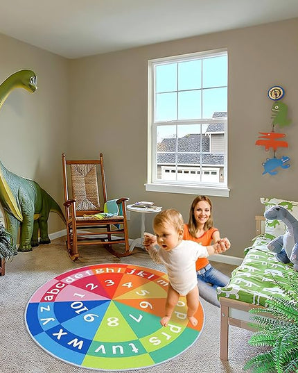 Eanpet Alphabet Circle Rug for Nursery 4ft Round Area Rug for Boys and Girls Nonslip Kids Carpet for Playroom Educational Baby Play Mat Large Indoor Floor Mats for Children Toddlers,Rainbow - LeafyLoom