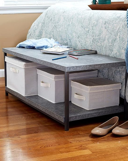 Household Essentials Jamestown Rectangular Coffee Table with Storage Shelf Rustic Slate Concrete and Black Metal, Grey - LeafyLoom