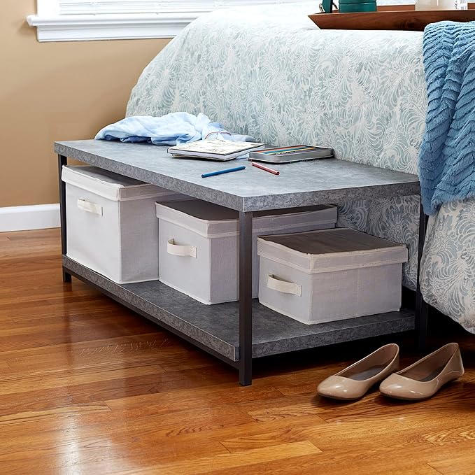 Household Essentials Jamestown Rectangular Coffee Table with Storage Shelf Rustic Slate Concrete and Black Metal, Grey - LeafyLoom