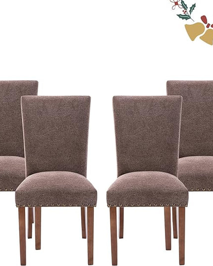 Parsons Dining Chairs Set of 4, Upholstered Nailhead Dining Room Kitchen Side Chair with Thick Cushions and Wood Legs, Brown - LeafyLoom