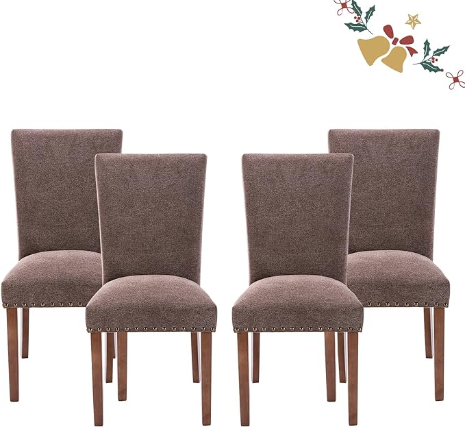 Parsons Dining Chairs Set of 4, Upholstered Nailhead Dining Room Kitchen Side Chair with Thick Cushions and Wood Legs, Brown - LeafyLoom