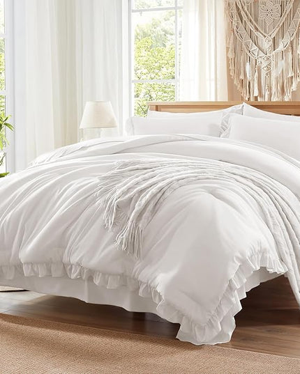 Anluoer King Comforter Set 7 Piece, White Bed in a Bag with Sheets, All Season Ruffle Shabby Chic Bedding Sets with 1 Comforter, 2 Pillow Shams, 2 Pillowcases, 1 Flat Sheet, 1 Fitted Sheet - LeafyLoom