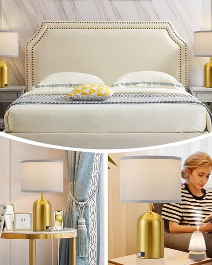 Set of 2 Table Lamps with USB C+A Ports, Touch Control Lamps for Bedside and Nightstand in Bedroom, 3-Way Dimmable Modern Lamp for Desk, Living Room, Office, LED Bulbs Included(Gold & Gray) - LeafyLoom