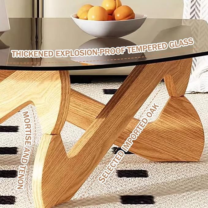 Triangle Coffee Table Glass Coffee Table for Living Room Clear Glass Coffee Table with Solid Wood Base Mid Century Modern Coffee Table for Small Spaces (Wood-Brown, 35.8in) - LeafyLoom