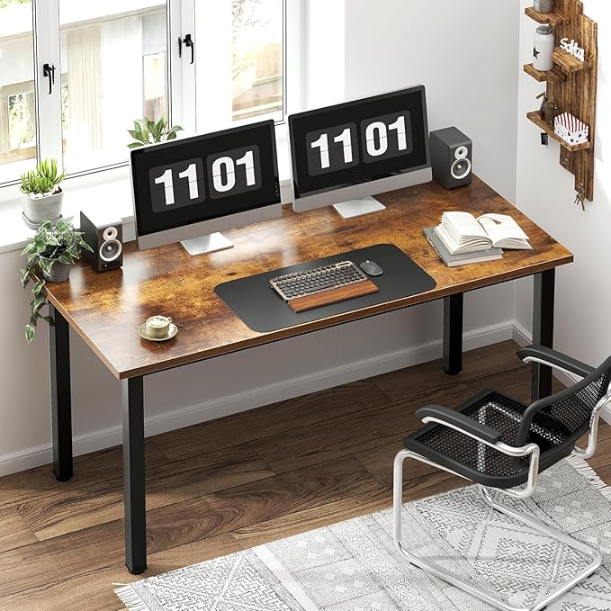 sogesfurniture 55.1 inches Office Desk Computer Desk Gaming Desk Computer Table Sturdy Writing Workstation for Home Office, Brown - LeafyLoom