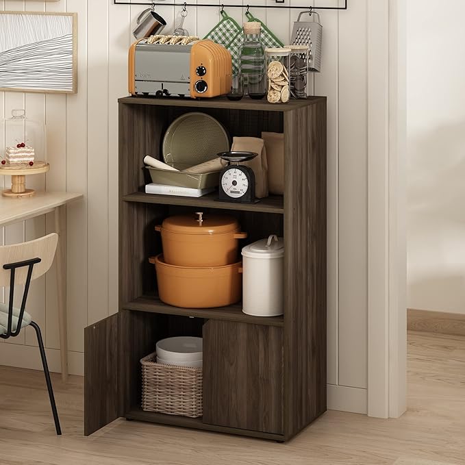 Furinno Jaya Kitchen Storage Shelf with Cabinet, Columbia Walnut - LeafyLoom