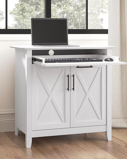 Bush Furniture Key West Secretary Desk | Accent Cabinet with Work Surface in Pure White Oak | 30W x 20D Hidden Writing Table and Storage for Small Spaces - LeafyLoom