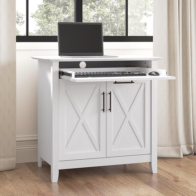 Bush Furniture Key West Secretary Desk | Accent Cabinet with Work Surface in Pure White Oak | 30W x 20D Hidden Writing Table and Storage for Small Spaces - LeafyLoom