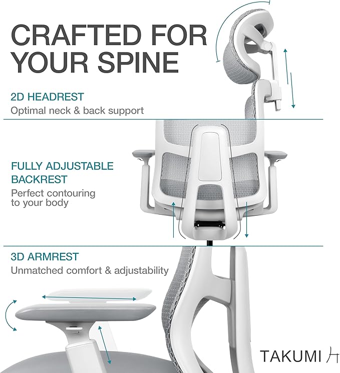 Takumi Ergonomic Office Chair Lumbar Support: Ergonomic Chair, Mesh Office Chair, Ergonomic Desk Chair, Best Desk Chair for Long Hours, Mesh Office Chair for Heavy People - Premium Cushion - LeafyLoom