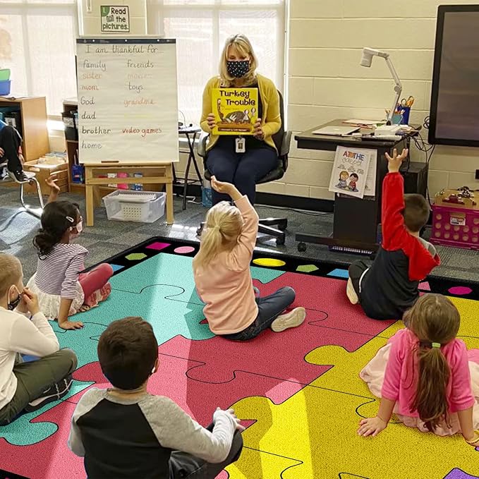 Booooom Jackson Classroom Rug Elementary Classroom Carpet 6'5"x8'5"Preschool Rugs Colorful Puzzle Seating Rug with Non-Slip Backing School Classroom Kid Rug (PzLaB-2620) - LeafyLoom