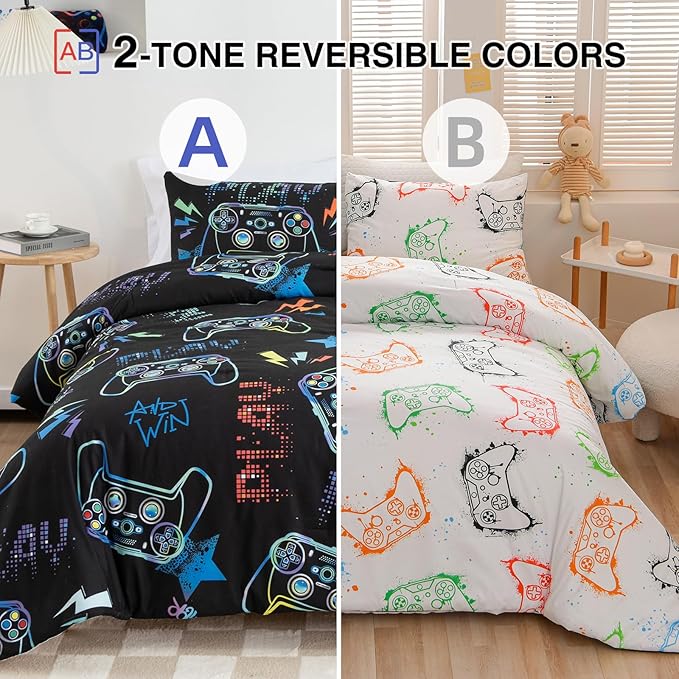 Meeting Story Gamer Gaming Bedding Sets Fluorescence Gamepad Comforter Set for Boys Games Console Action Buttons Novelty Colorful Modern Room Decor Home Quilt Set (Black, Twin) - LeafyLoom