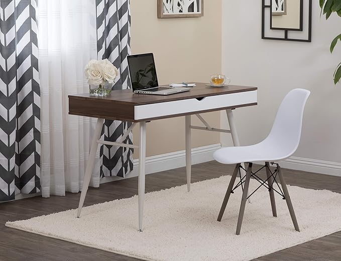 Calico Designs Alcove Modern Desk with Large Split Drawer Storage, White/Chestnut - LeafyLoom