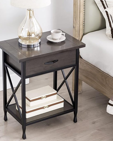 Leick Home 23022 Chisel & Forge One Drawer Nightstand with Shelf, Gray/Matte Black - LeafyLoom