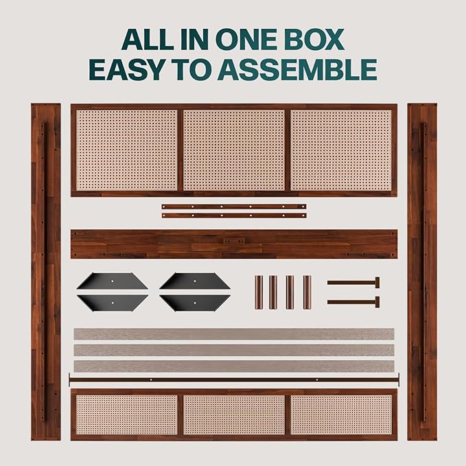 Bme Nancy Signature Bed Frame, King Bed Frame and Headboard Unique Geometric, Mid Century Modern, Solid Acacia Wood, No Box Spring Needed, 12 Strong Wood Slats Support, Easy Assembly, Dark Chocolate - LeafyLoom