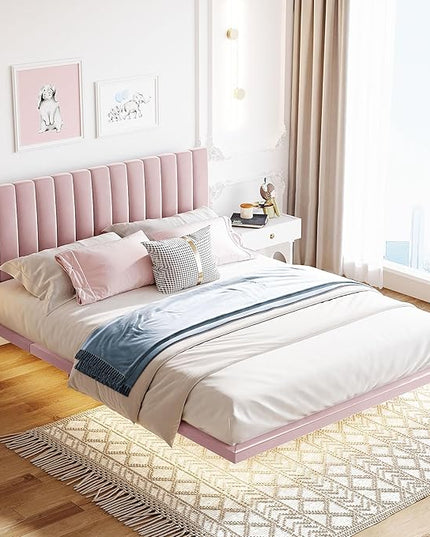 RITSU Queen Size Upholstered Floating Velvet Platform Bed with Sensor Light and Headboard, Plywood & Solid Bedframe, for Apartment Bedroom, No Need for Box Springs, Pink - LeafyLoom