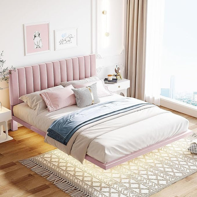 RITSU Queen Size Upholstered Floating Velvet Platform Bed with Sensor Light and Headboard, Plywood & Solid Bedframe, for Apartment Bedroom, No Need for Box Springs, Pink - LeafyLoom